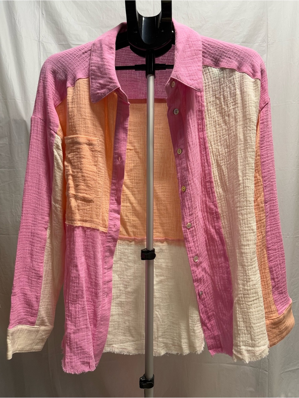 New In Colorblock Gauze Button Down Shirt Pink Peach Cream M